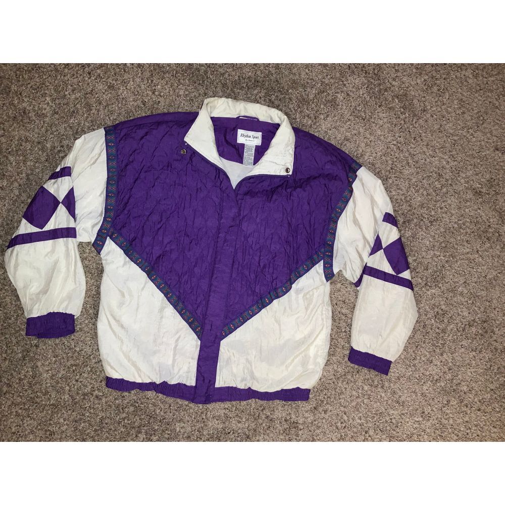 Vintage 1980's Rhythm Sport Purple & White Windbreaker Jacket‎ Geometric Pattern